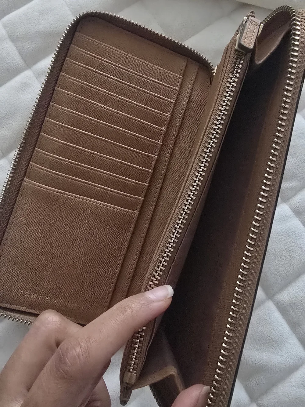 Tory Burch Taupe Zip-Around Leather Wallet with Gold Logo